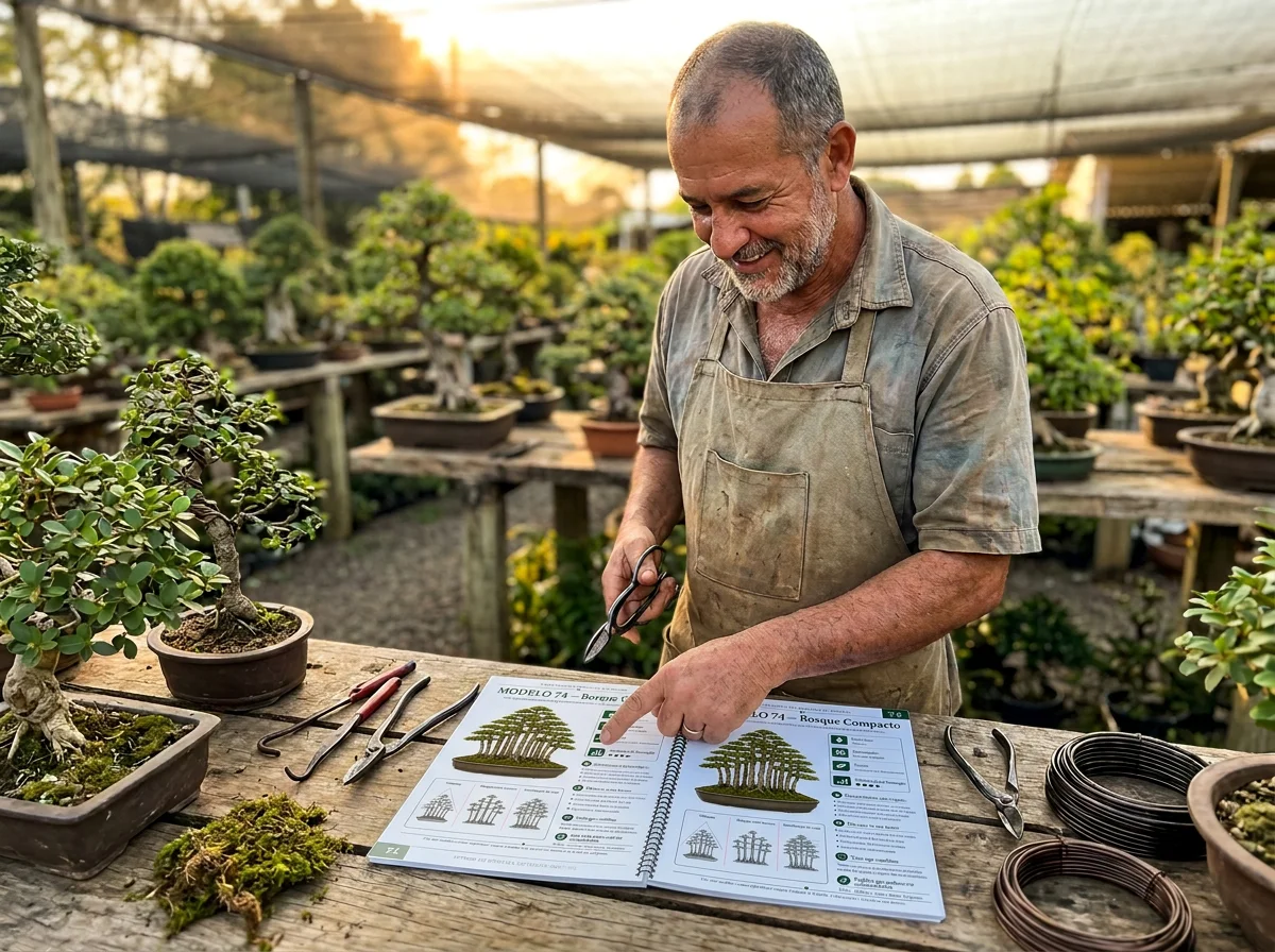 Profissional brasileiro de bonsai consultando o material impresso
