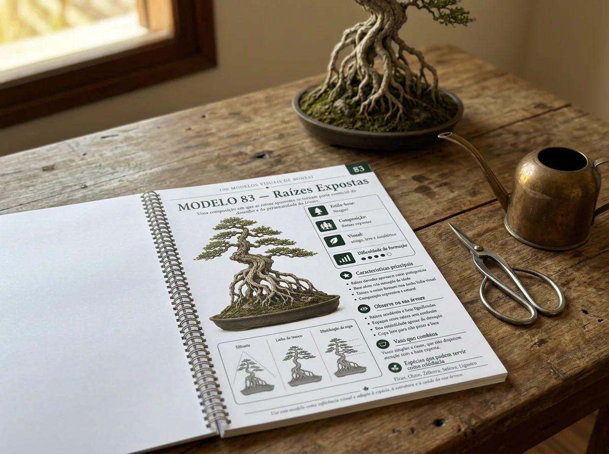 Material impresso de bonsai aberto sobre a bancada