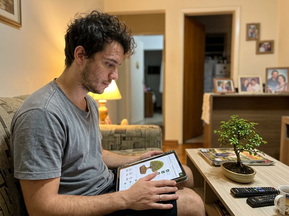 Aluno utilizando o catálogo de bonsai no tablet