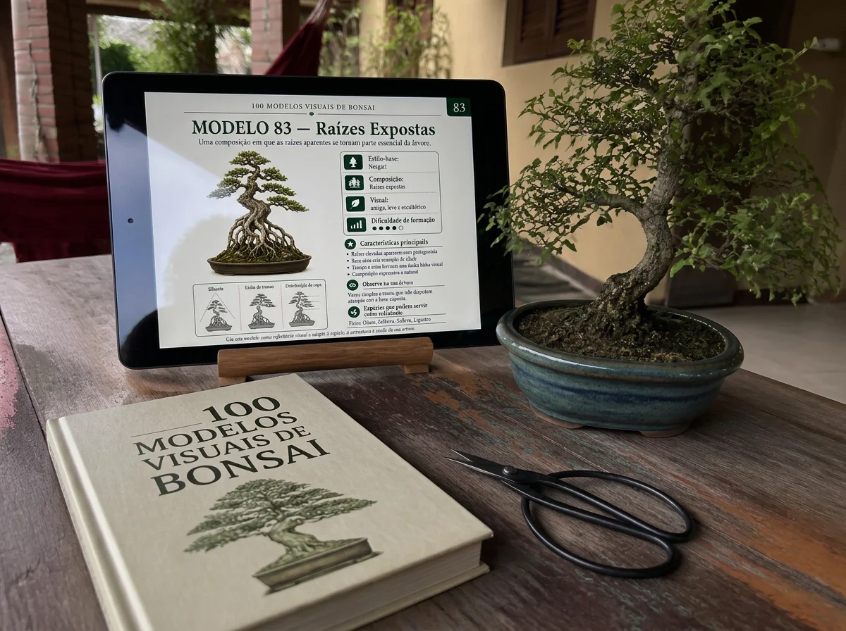 Livro e tablet com referências visuais de bonsai